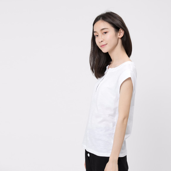 Henley Cotton Cap Sleeve T-shirt /White 2枚目の画像