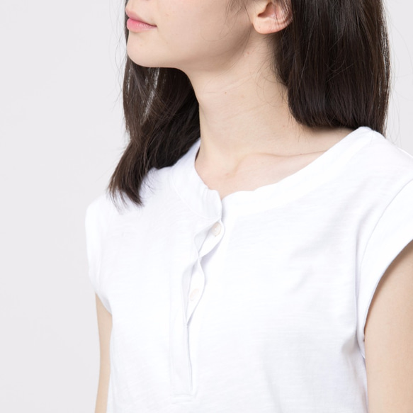 Henley Cotton Cap Sleeve T-shirt /White 4枚目の画像