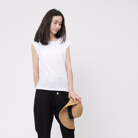 Henley Cotton Cap Sleeve T-shirt /White 10枚目の画像