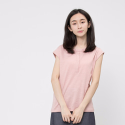 Henley Cotton Cap Sleeve T-shirt /Pink 1枚目の画像