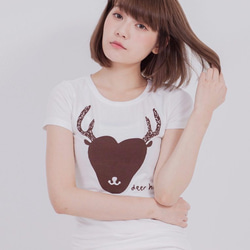 Deer Heart・ピーチ起毛ソフトコットン・半袖・レディースTシャツ、White 2枚目の画像
