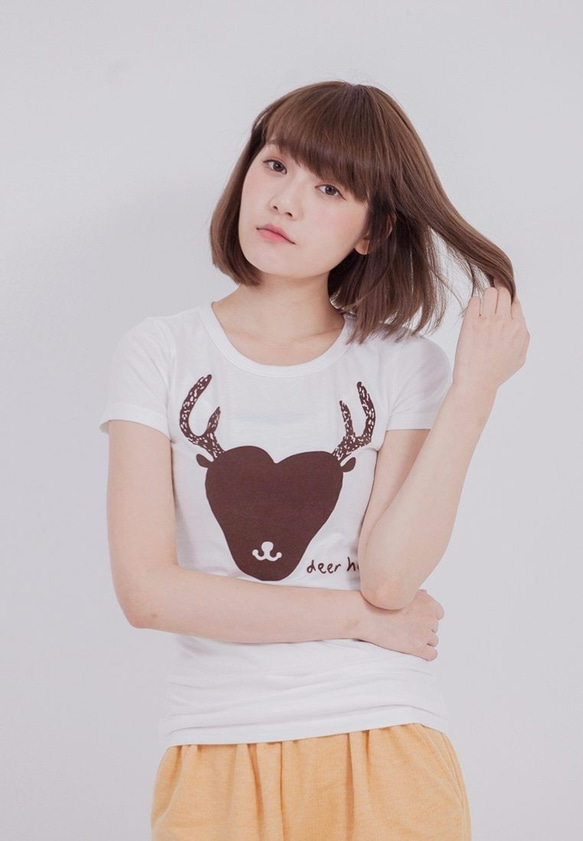 Deer Heart・ピーチ起毛ソフトコットン・半袖・レディースTシャツ、White 2枚目の画像