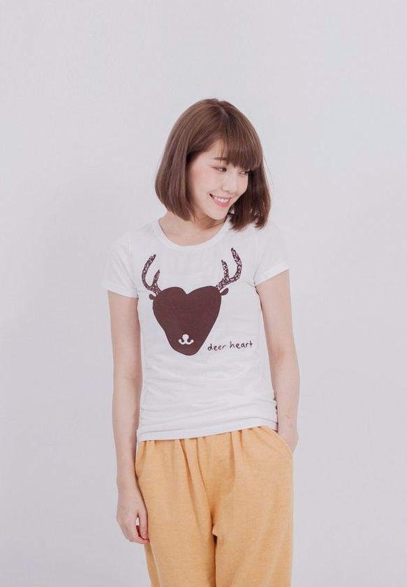 Deer Heart・ピーチ起毛ソフトコットン・半袖・レディースTシャツ、White 6枚目の画像