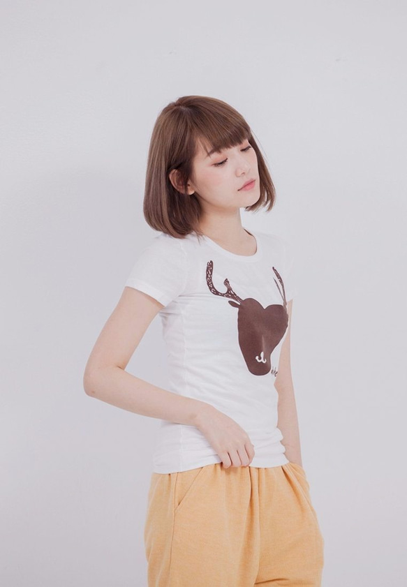 Deer Heart・ピーチ起毛ソフトコットン・半袖・レディースTシャツ、White 7枚目の画像