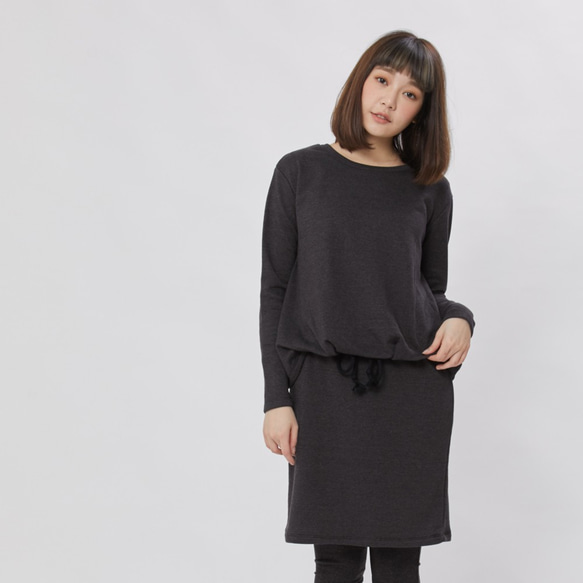 Smart Cozy French Terry Long Sleeves Drawstring Dress Grey 5枚目の画像