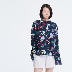 Aqua Cotton Lantern Sleeves Peplum Blouse Print Navy 2枚目の画像