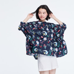 Aqua Cotton Lantern Sleeves Peplum Blouse Print Navy 3枚目の画像