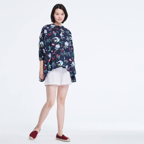 Aqua Cotton Lantern Sleeves Peplum Blouse Print Navy 4枚目の画像