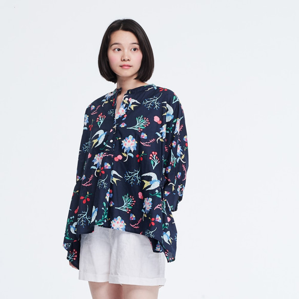 Aqua Cotton Lantern Sleeves Peplum Blouse Print Navy 9枚目の画像