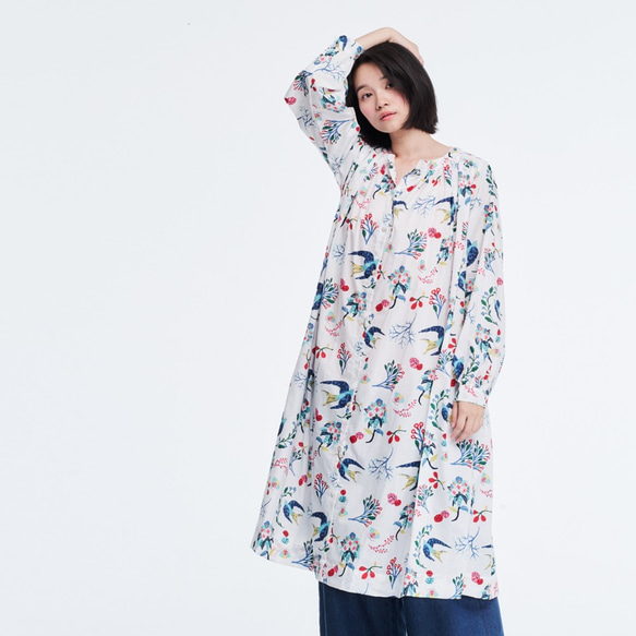 Angel Floral Natural Cotton Print Long Sleeves One-piece 2枚目の画像