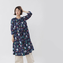 Floral Natural Cotton Print Long Sleeves One-piece/ Navy 3枚目の画像