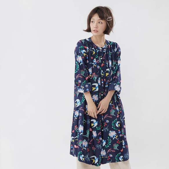 Floral Natural Cotton Print Long Sleeves One-piece/ Navy 5枚目の画像