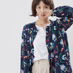 Floral Natural Cotton Print Long Sleeves One-piece/ Navy 9枚目の画像