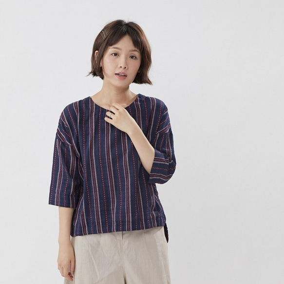 Irene Half Sleeves Round neck Top / Stripe Blue 1枚目の画像