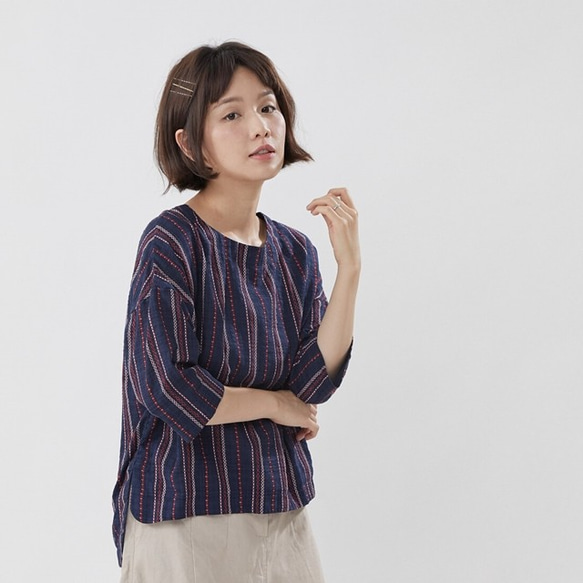 Irene Half Sleeves Round neck Top / Stripe Blue 2枚目の画像