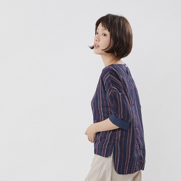 Irene Half Sleeves Round neck Top / Stripe Blue 3枚目の画像