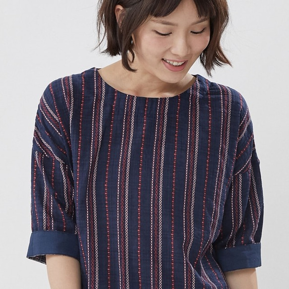 Irene Half Sleeves Round neck Top / Stripe Blue 5枚目の画像