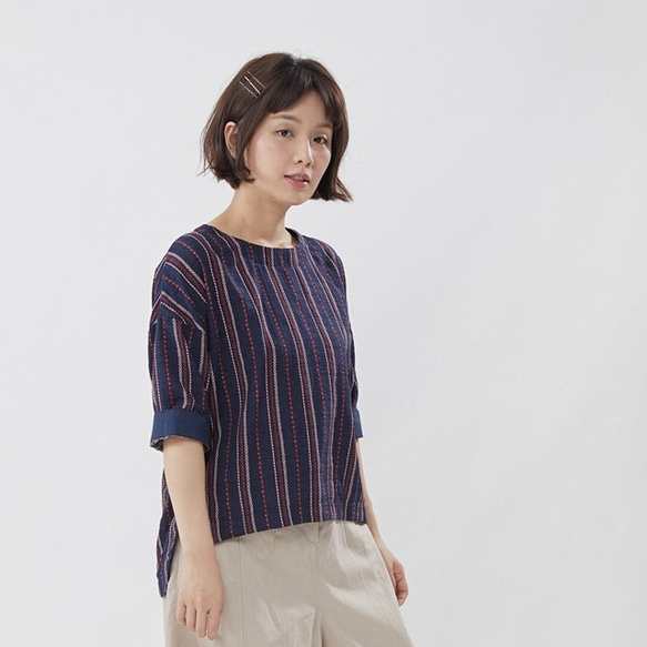 Irene Half Sleeves Round neck Top / Stripe Blue 7枚目の画像