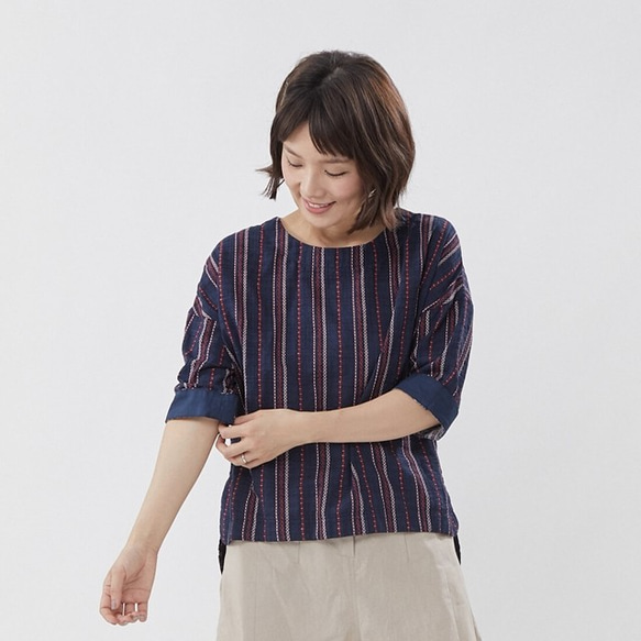 Irene Half Sleeves Round neck Top / Stripe Blue 9枚目の画像