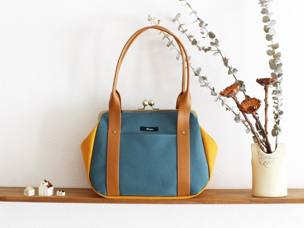 ボストンがま口バッグ：帆布（ターコイズ×マスタード）