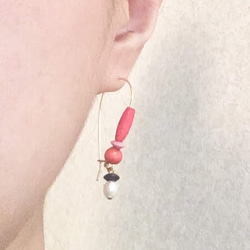 ハート パール フープピアス 赤 / Heart hoop pierced earrings red 3枚目の画像