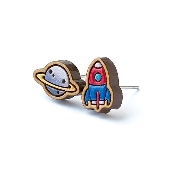『田田製作所』彩繪木耳環-星球＋火箭(銀星球)耳夾 第2張的照片