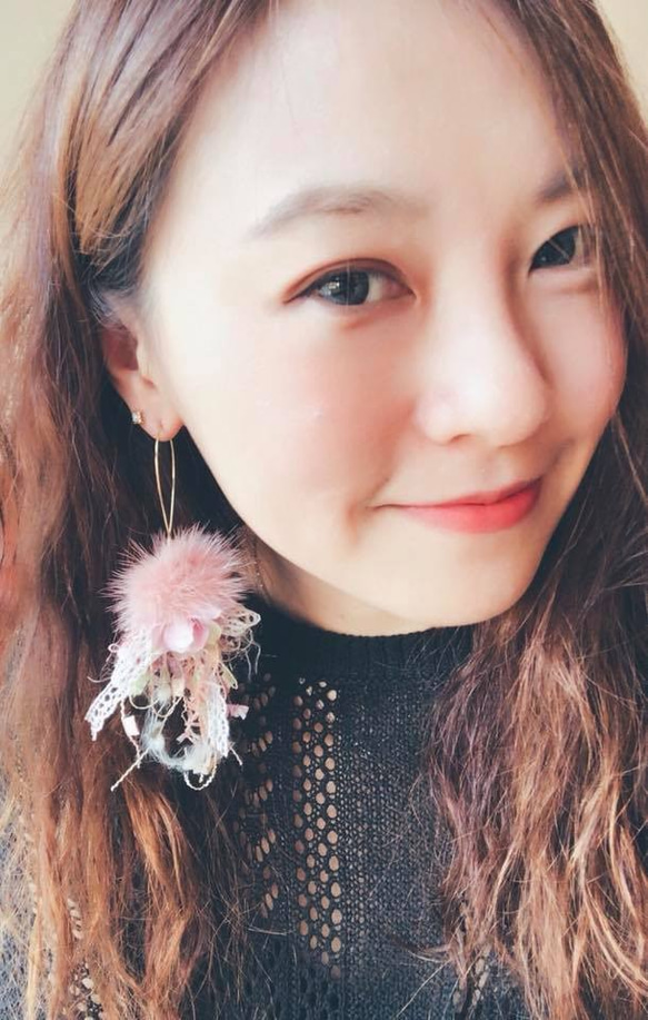 [ナンシーさん]「ピンク・レディー」日本のピンクの毛皮のレースの弓の純粋な真鍮のボールピアスフックストアシングル 4枚目の画像