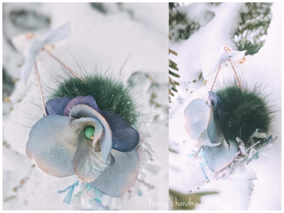 ［Nancy’s]《雪松》藍灰漸層花瓣+綠毛球+冷色調新色手染線水滴造型耳環 第2張的照片