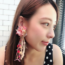 [Nancy’s]《秋菊千歲》紅橘花球手染線流蘇垂墜耳環 第2張的照片