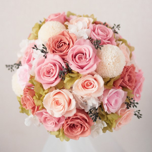 [オーダーメイド]プリザーブドウェディングブーケ(バラ・ピンポンマム)