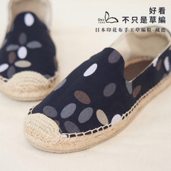 日本印花布手工草編鞋 藏藍 第1張的照片