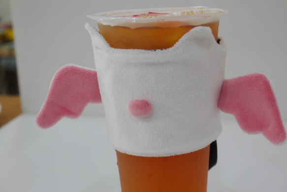 bucute環保飲料提袋/飲料杯套/環保杯套/提袋/白色無糖去冰天使貓 第8張的照片