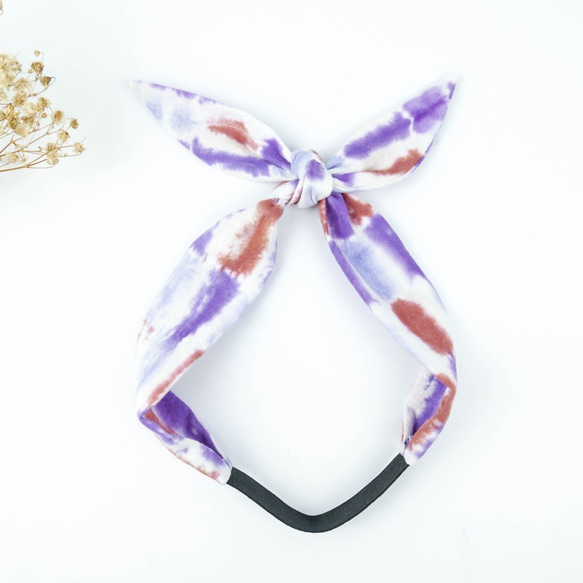 : 紫條 : 領巾髮帶 自綁 鬆緊 手染 渲染 禮物 純棉 第2張的照片