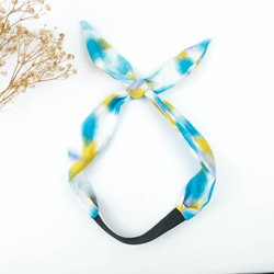 : 藍與黃 : 領巾髮帶 自綁 鬆緊 手染 渲染 禮物 純棉 第1張的照片