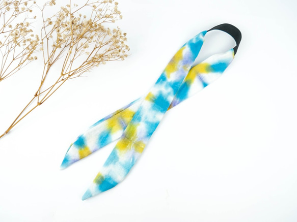 : 藍與黃 : 領巾髮帶 自綁 鬆緊 手染 渲染 禮物 純棉 第2張的照片