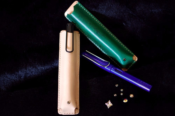 ヌメ革手作りペンケース　（緑） 3枚目の画像