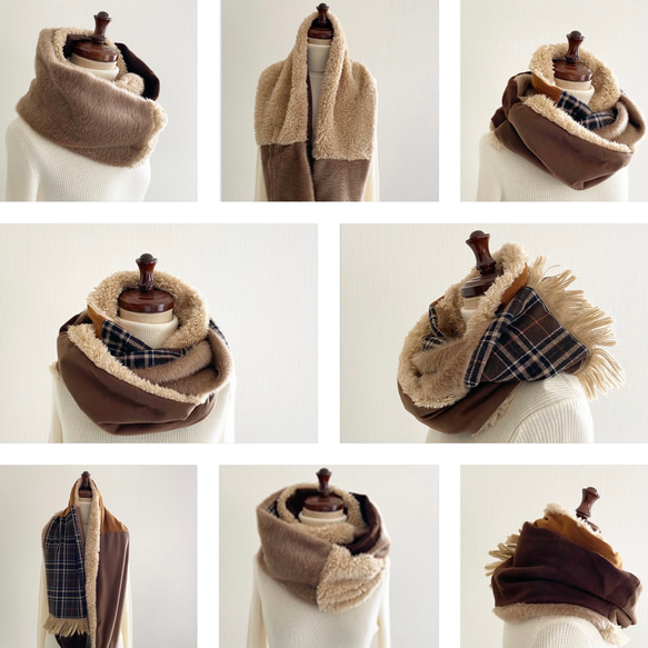 您可以享受各種表情☆拼湊設計的圍巾使用多種材料羊毛混紡邊緣格紋圍巾棕色 第1張的照片