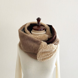 您可以享受各種表情☆拼湊設計的圍巾使用多種材料羊毛混紡邊緣格紋圍巾棕色 第6張的照片