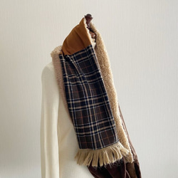 您可以享受各種表情☆拼湊設計的圍巾使用多種材料羊毛混紡邊緣格紋圍巾棕色 第8張的照片