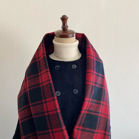 日本製造 高品質羊毛製成的圍巾 國產紅色格子格子長款 第5張的照片