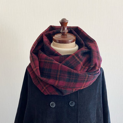 Made in Japan Snood 由 100% 羊毛製成 國產紅色波爾多格子呢格子長款 第1張的照片