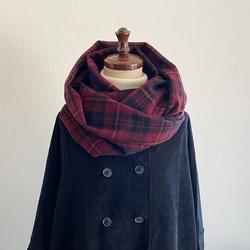 Made in Japan Snood 由 100% 羊毛製成 國產紅色波爾多格子呢格子長款 第5張的照片