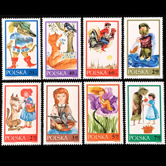 長靴をはいた猫など童話 ポーランド 1968年 外国切手8種 未使用【古切手 ハンドメイド用アクセサリーパーツ素材】 1枚目の画像