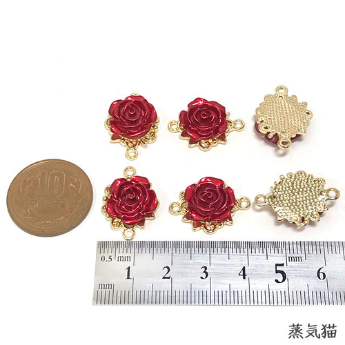 コネクター】赤い薔薇チャーム 6個【バラの花 ピアス ハンドメイド用