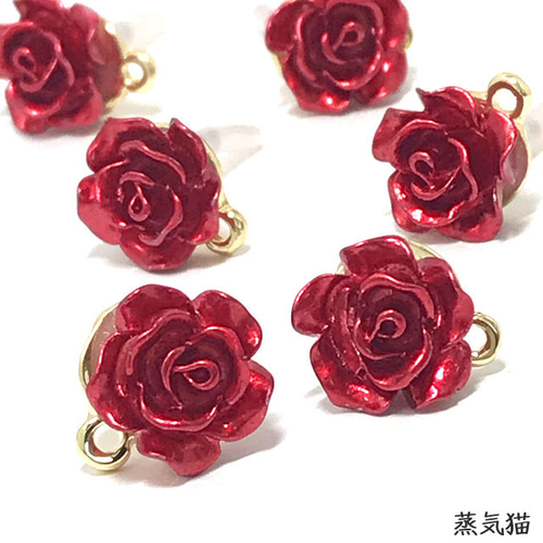 コネクター】赤い薔薇チャーム 6個【バラの花 ピアス ハンドメイド用