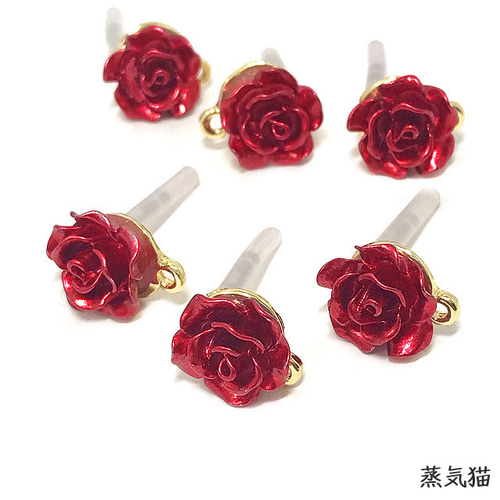 ピアス】赤い薔薇ピアス 6個【バラの花パーツ ピアス ハンドメイド用