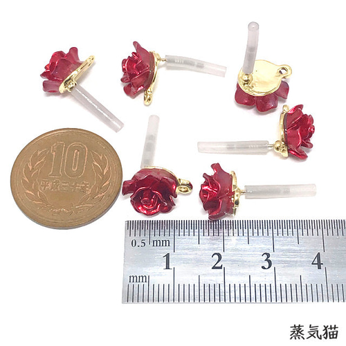 ピアス】赤い薔薇ピアス 6個【バラの花パーツ ピアス ハンドメイド用