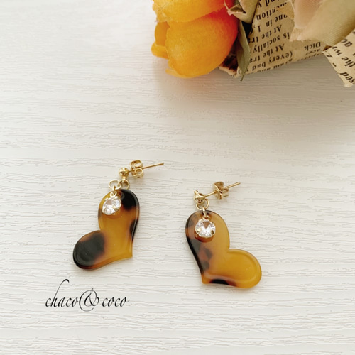 再販！べっ甲柄ハート♡ジルコニア付＊ピアス/イヤリングG イヤリング 