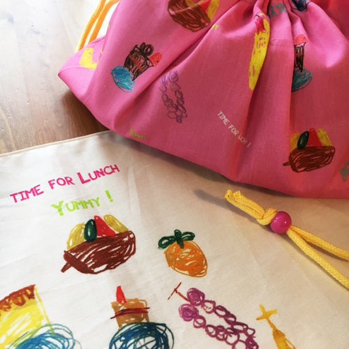 子供の絵で作るお弁当袋、コップ袋、ランチョンマット 給食袋 Rurumama 