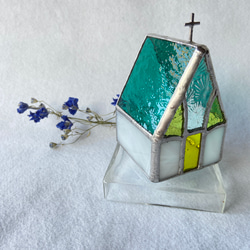 『Église　 Teal green 』　ミニ教会　キャンドルホルダー・ステンドグラス　【受注制作品】 6枚目の画像